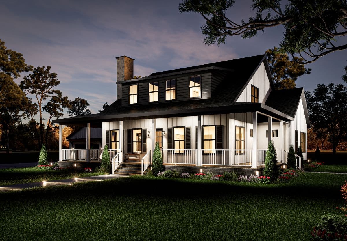Twilight rendering of the Hawthorne farmhouse featuring illuminated windows, landscape lighting, and the wraparound front porch.